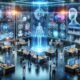 Futuristisches Marketingbüro mit holographischen Displays, KI-Avataren und interaktiven Touchscreens, das Innovation und technologische Zukunft zeigt.