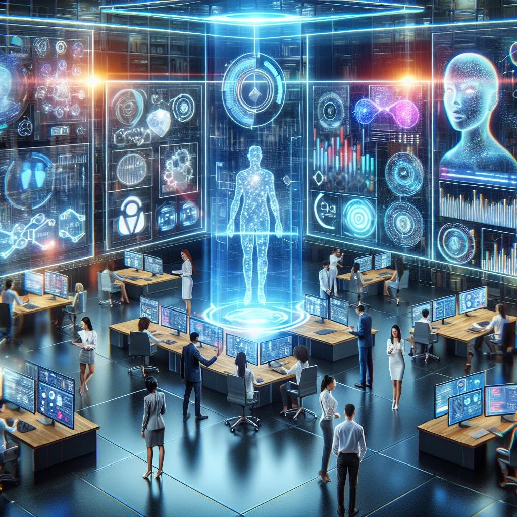 Futuristisches Marketingbüro mit holographischen Displays, KI-Avataren und interaktiven Touchscreens, das Innovation und technologische Zukunft zeigt.
