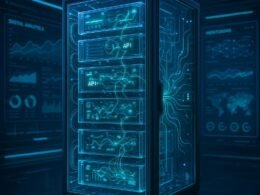 Futuristisches Daten-Center mit transparenten Servern, leuchtenden blauen und grünen Datenströmen, holographischen Schnittstellen und Netzwerkvisualisierungen