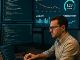 Person in Business-Casual-Kleidung arbeitet an einem modernen Arbeitsplatz mit mehreren Monitoren, die Codes und Analyse-Dashboards zeigen, im Hintergrund große Bildschirme mit Diagrammen und Statistiken