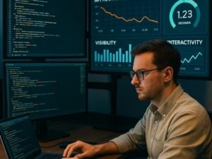 Person in Business-Casual-Kleidung arbeitet an einem modernen Arbeitsplatz mit mehreren Monitoren, die Codes und Analyse-Dashboards zeigen, im Hintergrund große Bildschirme mit Diagrammen und Statistiken