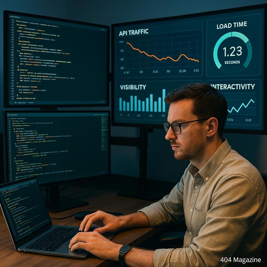 Person in Business-Casual-Kleidung arbeitet an einem modernen Arbeitsplatz mit mehreren Monitoren, die Codes und Analyse-Dashboards zeigen, im Hintergrund große Bildschirme mit Diagrammen und Statistiken