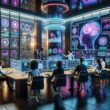 Futuristischer Kontrollraum mit holographischen Displays, Team von Marketingspezialisten und KI-Server im Hintergrund