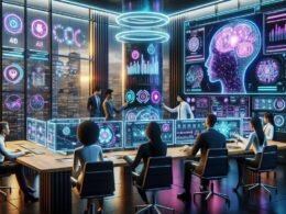 Futuristischer Kontrollraum mit holographischen Displays, Team von Marketingspezialisten und KI-Server im Hintergrund