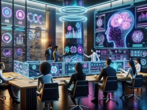 Futuristischer Kontrollraum mit holographischen Displays, Team von Marketingspezialisten und KI-Server im Hintergrund
