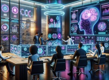 Futuristischer Kontrollraum mit holographischen Displays, Team von Marketingspezialisten und KI-Server im Hintergrund
