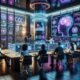 Futuristischer Kontrollraum mit holographischen Displays, Team von Marketingspezialisten und KI-Server im Hintergrund