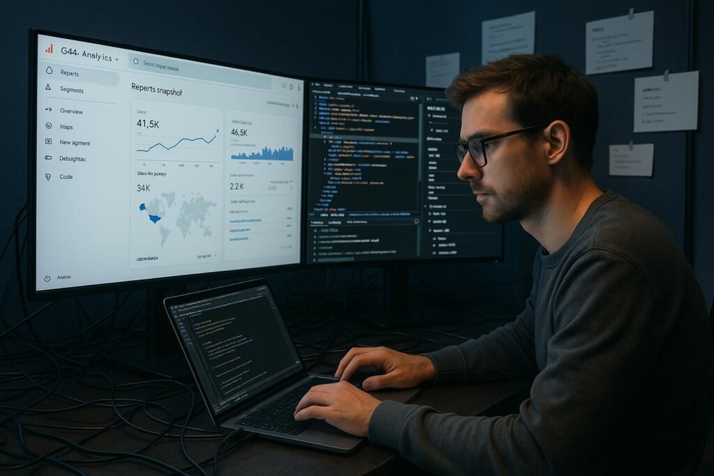 Techniker mit Brille untersucht Daten auf mehreren Bildschirmen in einem High-Tech-Analytikstudio