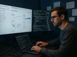 Techniker mit Brille untersucht Daten auf mehreren Bildschirmen in einem High-Tech-Analytikstudio
