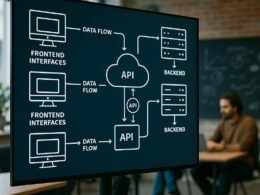 Modernes Büro mit großem Bildschirm, der Netzwerkarchitektur und Cloud-Symbole zeigt, Entwickler am Laptop, technische Skizzen an der Wandtafel