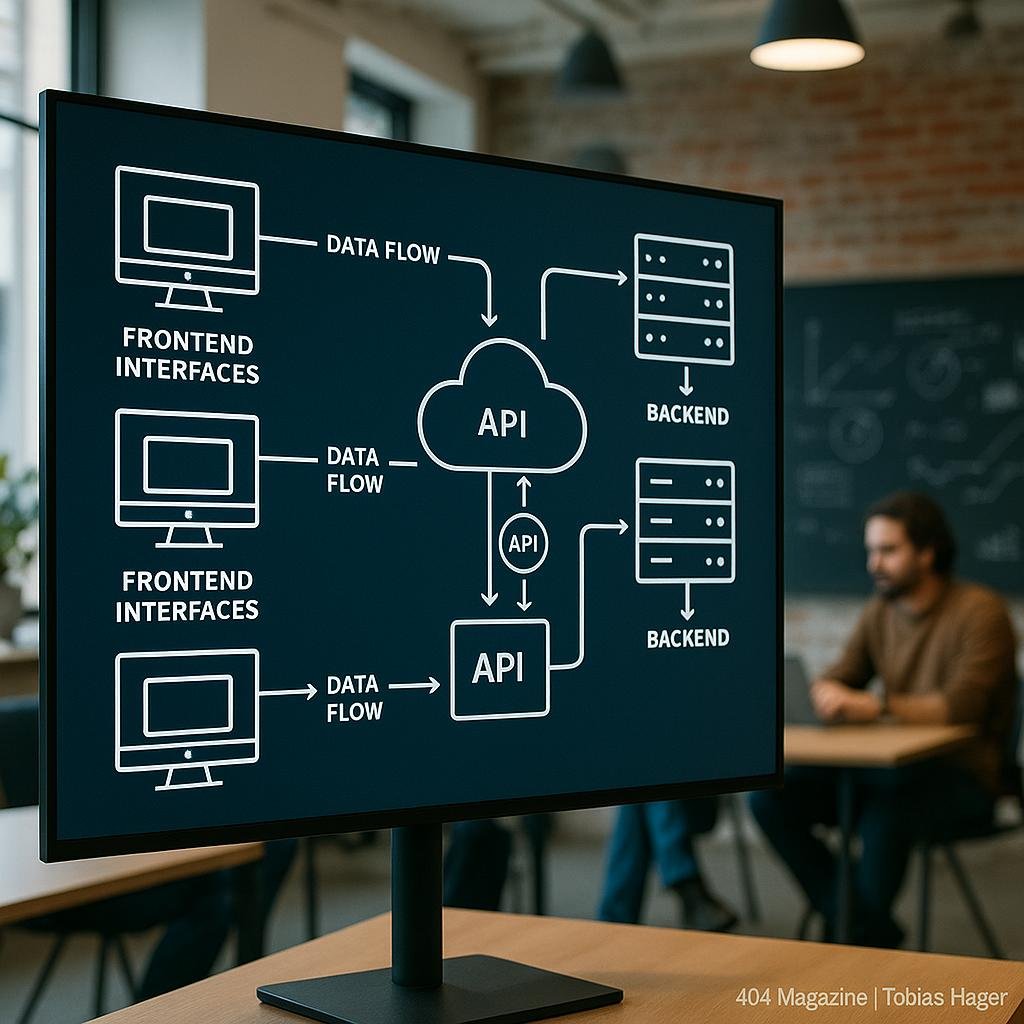 Modernes Büro mit großem Bildschirm, der Netzwerkarchitektur und Cloud-Symbole zeigt, Entwickler am Laptop, technische Skizzen an der Wandtafel