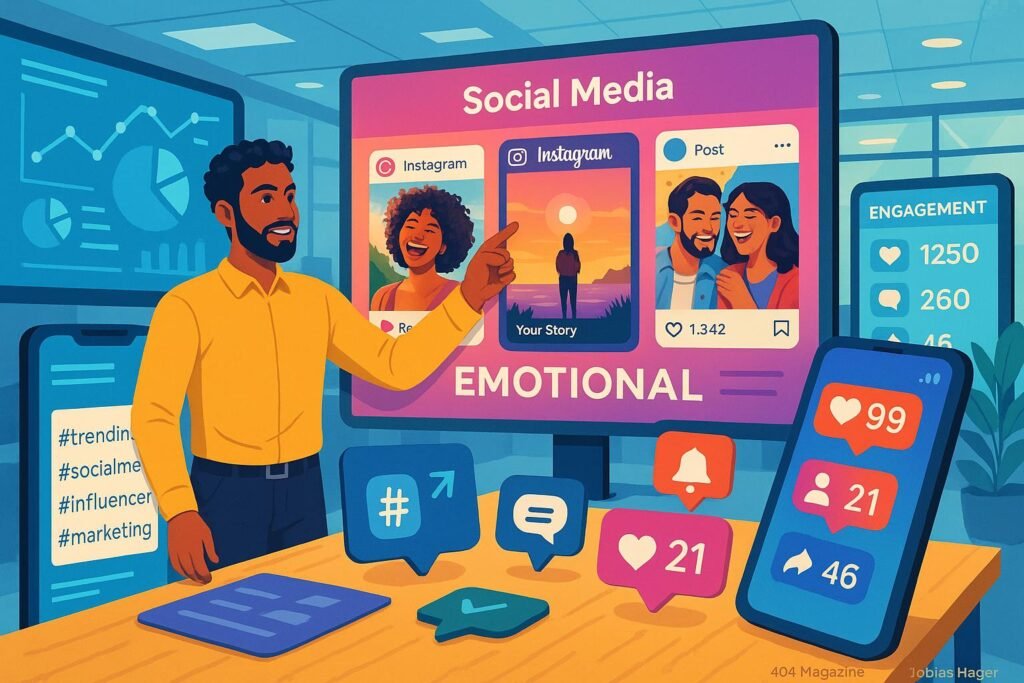 Ein moderner Social-Media-Arbeitsbereich mit mehreren Bildschirmen displaying Analysen, Engagement-Metriken und Instagram-Content, begleitet von einem digitalen Strategen.