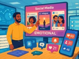 Ein moderner Social-Media-Arbeitsbereich mit mehreren Bildschirmen displaying Analysen, Engagement-Metriken und Instagram-Content, begleitet von einem digitalen Strategen.