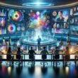 Futuristischer Marketingraum mit digitalen Bildschirmen, holographischen Interfaces und KI-generierten Videoclips, unterstützt von GPU-Cluster und Cloud-Servern.