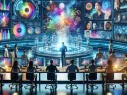 Futuristischer Marketingraum mit digitalen Bildschirmen, holographischen Interfaces und KI-generierten Videoclips, unterstützt von GPU-Cluster und Cloud-Servern.