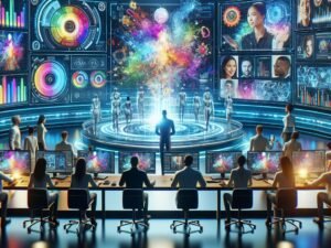 Futuristischer Marketingraum mit digitalen Bildschirmen, holographischen Interfaces und KI-generierten Videoclips, unterstützt von GPU-Cluster und Cloud-Servern.