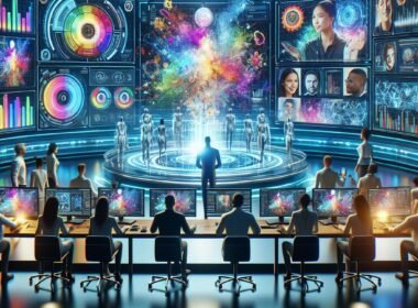Futuristischer Marketingraum mit digitalen Bildschirmen, holographischen Interfaces und KI-generierten Videoclips, unterstützt von GPU-Cluster und Cloud-Servern.