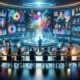 Futuristischer Marketingraum mit digitalen Bildschirmen, holographischen Interfaces und KI-generierten Videoclips, unterstützt von GPU-Cluster und Cloud-Servern.
