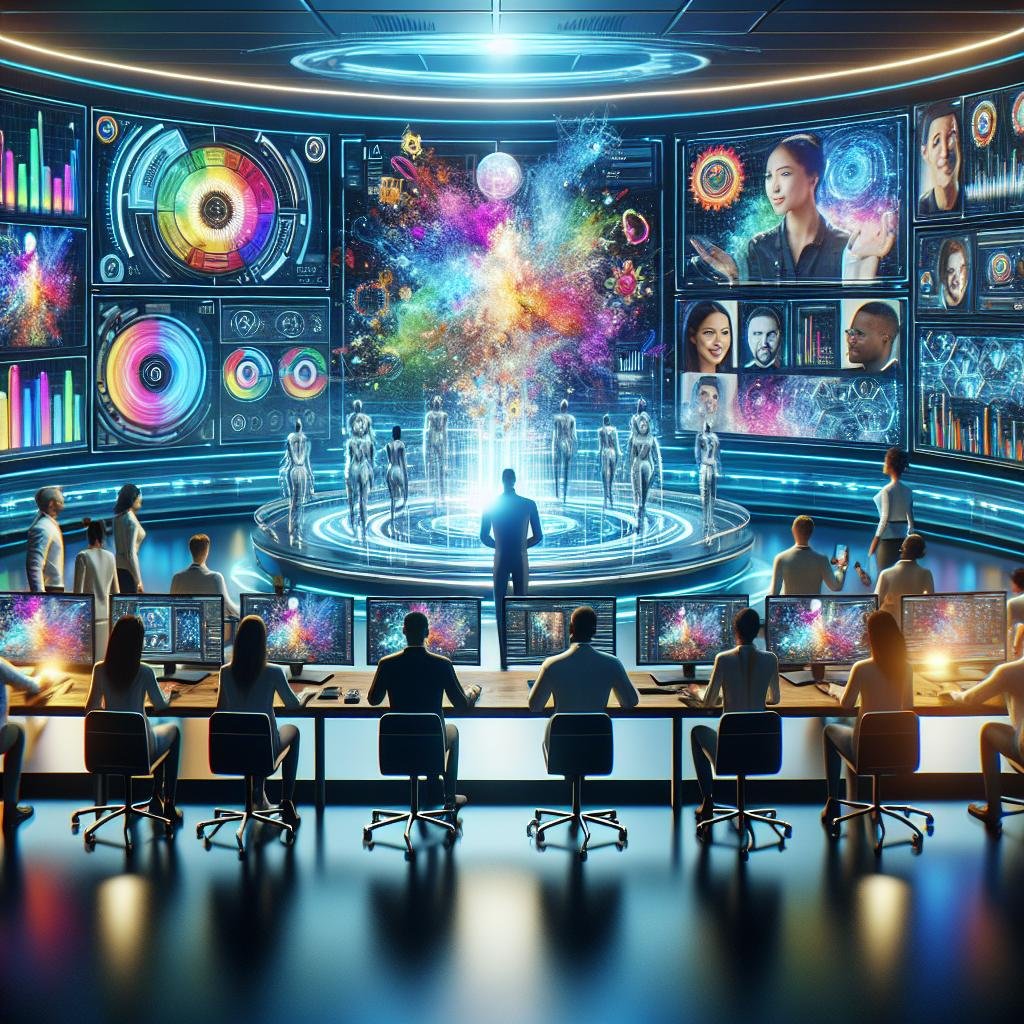Futuristischer Marketingraum mit digitalen Bildschirmen, holographischen Interfaces und KI-generierten Videoclips, unterstützt von GPU-Cluster und Cloud-Servern.