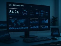Futuristischer Arbeitsbereich mit großem Monitor, der detaillierte Google Analytics 4 Dashboards mit Datenvisualisierungen zeigt, im Hintergrund ein moderner Schreibtisch mit technischen Geräten.