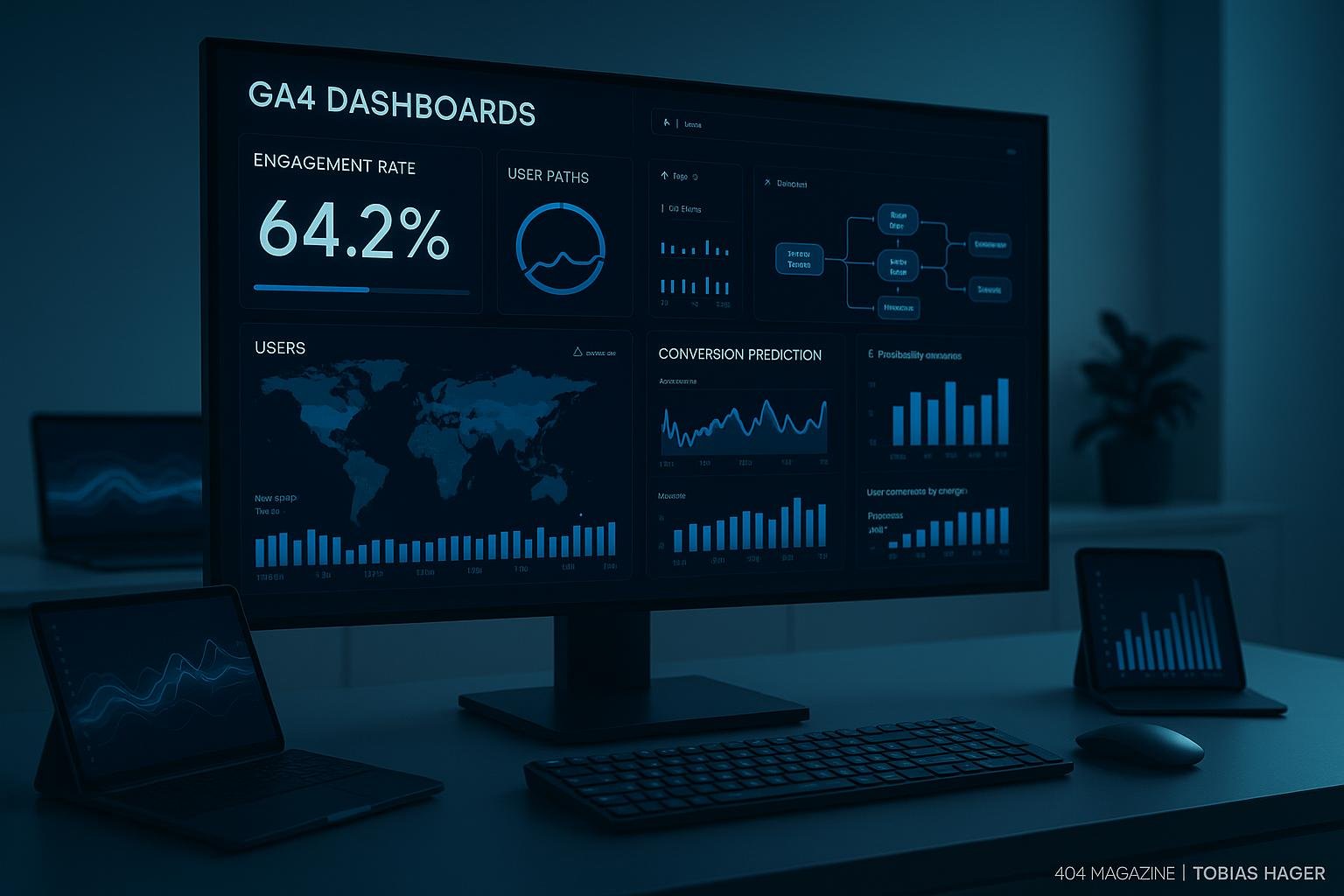 Futuristischer Arbeitsbereich mit großem Monitor, der detaillierte Google Analytics 4 Dashboards mit Datenvisualisierungen zeigt, im Hintergrund ein moderner Schreibtisch mit technischen Geräten.