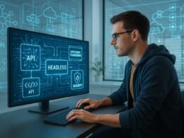 Entwickler in einem hellen, futuristischen Büro arbeitet an einem großen digitalen Blueprint mit holografischen Diagrammen von APIs, Cloud-Servern und Content-Distributions-Netzwerken im Hintergrund.