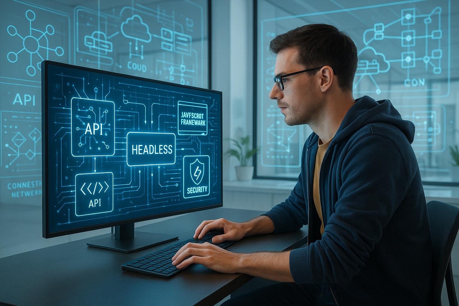 Entwickler in einem hellen, futuristischen Büro arbeitet an einem großen digitalen Blueprint mit holografischen Diagrammen von APIs, Cloud-Servern und Content-Distributions-Netzwerken im Hintergrund.