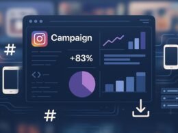 Stilisiertes Dashboard mit Diagrammen, technischen Daten, Smartphone-Icons, Hashtags, Codezeilen und kreativen Content-Formaten wie Reels und Carousels, umgeben von technischen Elementen wie Servern und Datenströmen.