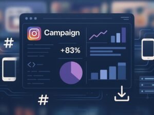 Stilisiertes Dashboard mit Diagrammen, technischen Daten, Smartphone-Icons, Hashtags, Codezeilen und kreativen Content-Formaten wie Reels und Carousels, umgeben von technischen Elementen wie Servern und Datenströmen.