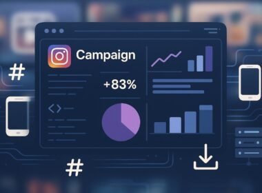 Stilisiertes Dashboard mit Diagrammen, technischen Daten, Smartphone-Icons, Hashtags, Codezeilen und kreativen Content-Formaten wie Reels und Carousels, umgeben von technischen Elementen wie Servern und Datenströmen.