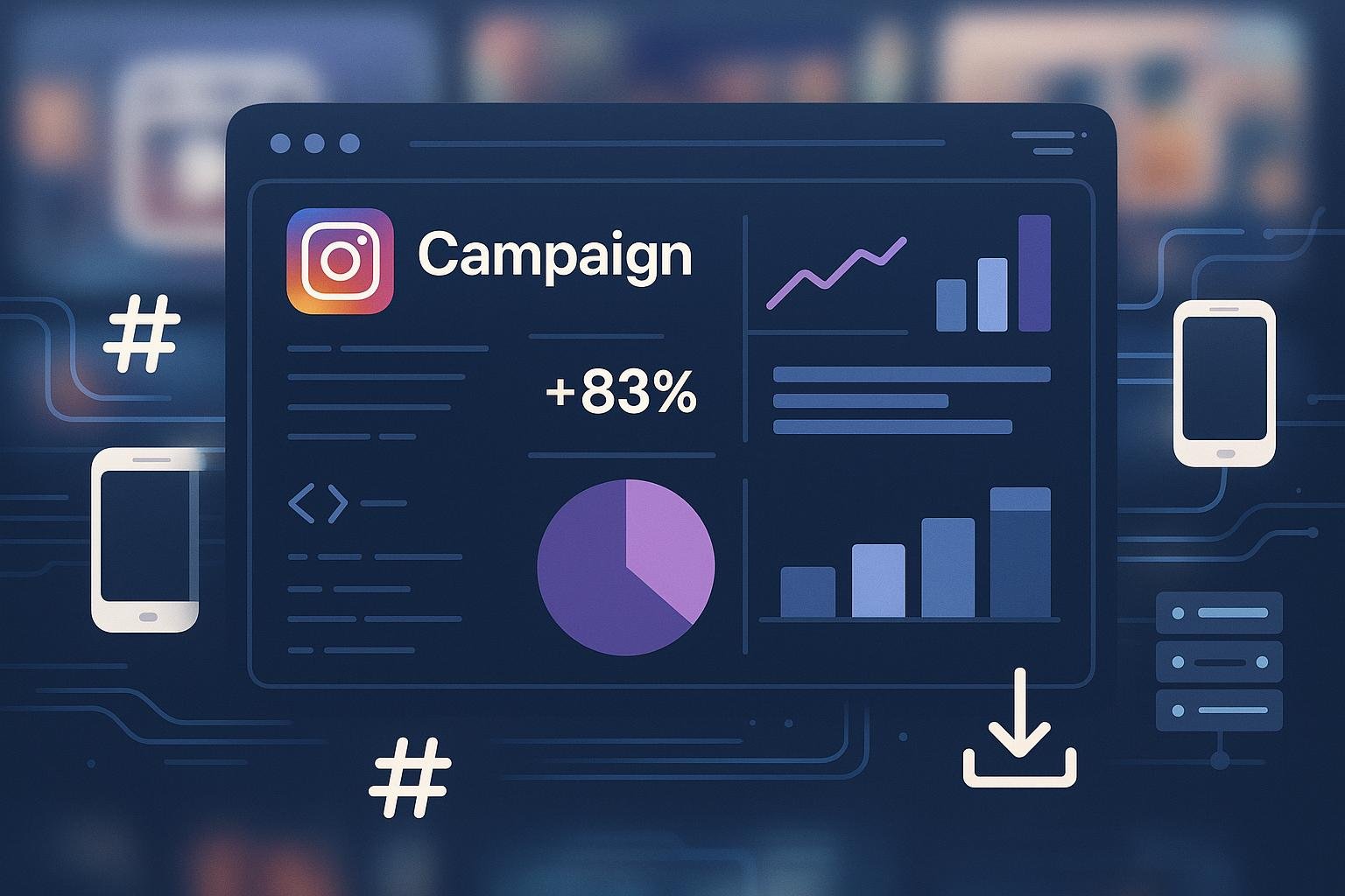Stilisiertes Dashboard mit Diagrammen, technischen Daten, Smartphone-Icons, Hashtags, Codezeilen und kreativen Content-Formaten wie Reels und Carousels, umgeben von technischen Elementen wie Servern und Datenströmen.