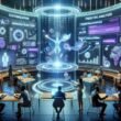 Futuristischer Büroszene mit transparenten digitalen Schnittstellen, holographischen Bildschirmen und einem vielfältigen Team, das an KI-gestützten Marketingdaten arbeitet