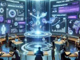 Futuristischer Büroszene mit transparenten digitalen Schnittstellen, holographischen Bildschirmen und einem vielfältigen Team, das an KI-gestützten Marketingdaten arbeitet