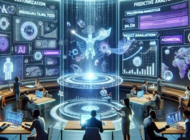 Futuristischer Büroszene mit transparenten digitalen Schnittstellen, holographischen Bildschirmen und einem vielfältigen Team, das an KI-gestützten Marketingdaten arbeitet