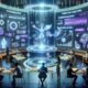 Futuristischer Büroszene mit transparenten digitalen Schnittstellen, holographischen Bildschirmen und einem vielfältigen Team, das an KI-gestützten Marketingdaten arbeitet