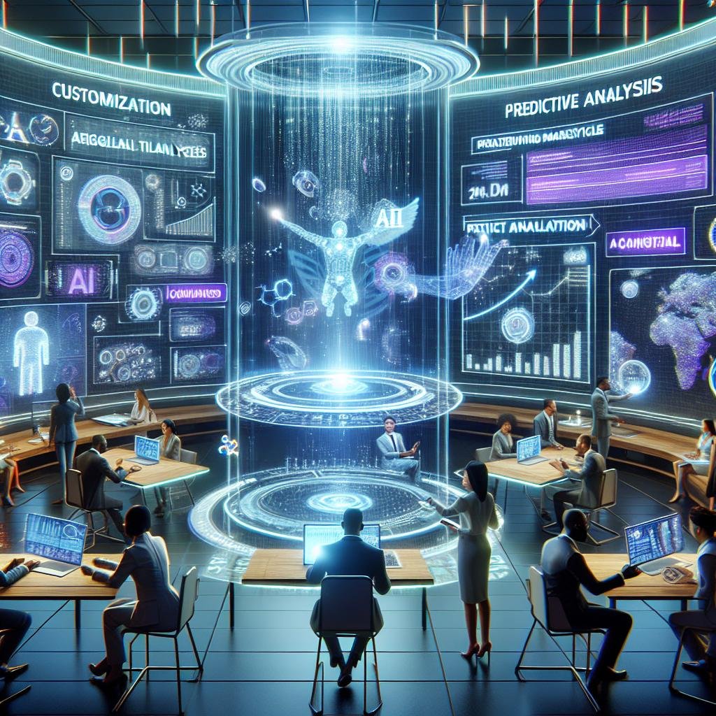 Futuristischer Büroszene mit transparenten digitalen Schnittstellen, holographischen Bildschirmen und einem vielfältigen Team, das an KI-gestützten Marketingdaten arbeitet