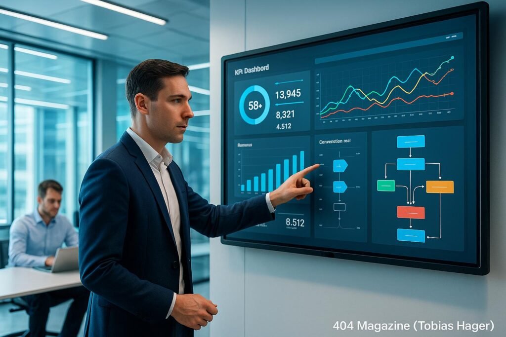 Hochmodernes Büro mit digitalem Whiteboard, Datenanalyse-Dashboard und Business-Person, hinter denen Kollegen an Laptops arbeiten, im futuristischen und innovativen Umfeld