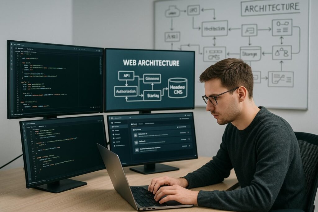 Entwickler in modernem Büro mit Monitoren und Whiteboards, zeigt APIs, Web-Architekturen und Headless CMS, bei klarer Beleuchtung