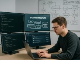 Entwickler in modernem Büro mit Monitoren und Whiteboards, zeigt APIs, Web-Architekturen und Headless CMS, bei klarer Beleuchtung