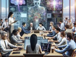 Junge Frau mit Brille, die komplexe Datenvisualisierungen auf einem Laptop untersucht, im Hintergrund Whiteboard mit neuronalen Netzwerk-Diagrammen und ein Team, das um einen Tisch bei der Entwicklung von Open-Source-KI-Modelle zusammenarbeitet.