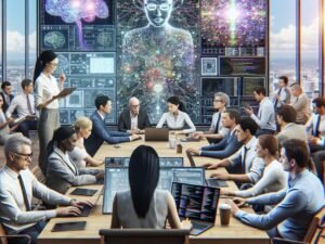 Junge Frau mit Brille, die komplexe Datenvisualisierungen auf einem Laptop untersucht, im Hintergrund Whiteboard mit neuronalen Netzwerk-Diagrammen und ein Team, das um einen Tisch bei der Entwicklung von Open-Source-KI-Modelle zusammenarbeitet.