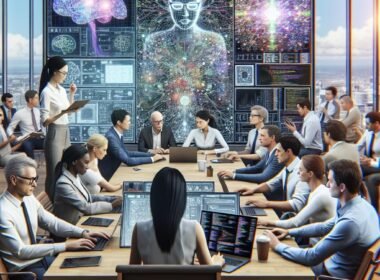 Junge Frau mit Brille, die komplexe Datenvisualisierungen auf einem Laptop untersucht, im Hintergrund Whiteboard mit neuronalen Netzwerk-Diagrammen und ein Team, das um einen Tisch bei der Entwicklung von Open-Source-KI-Modelle zusammenarbeitet.