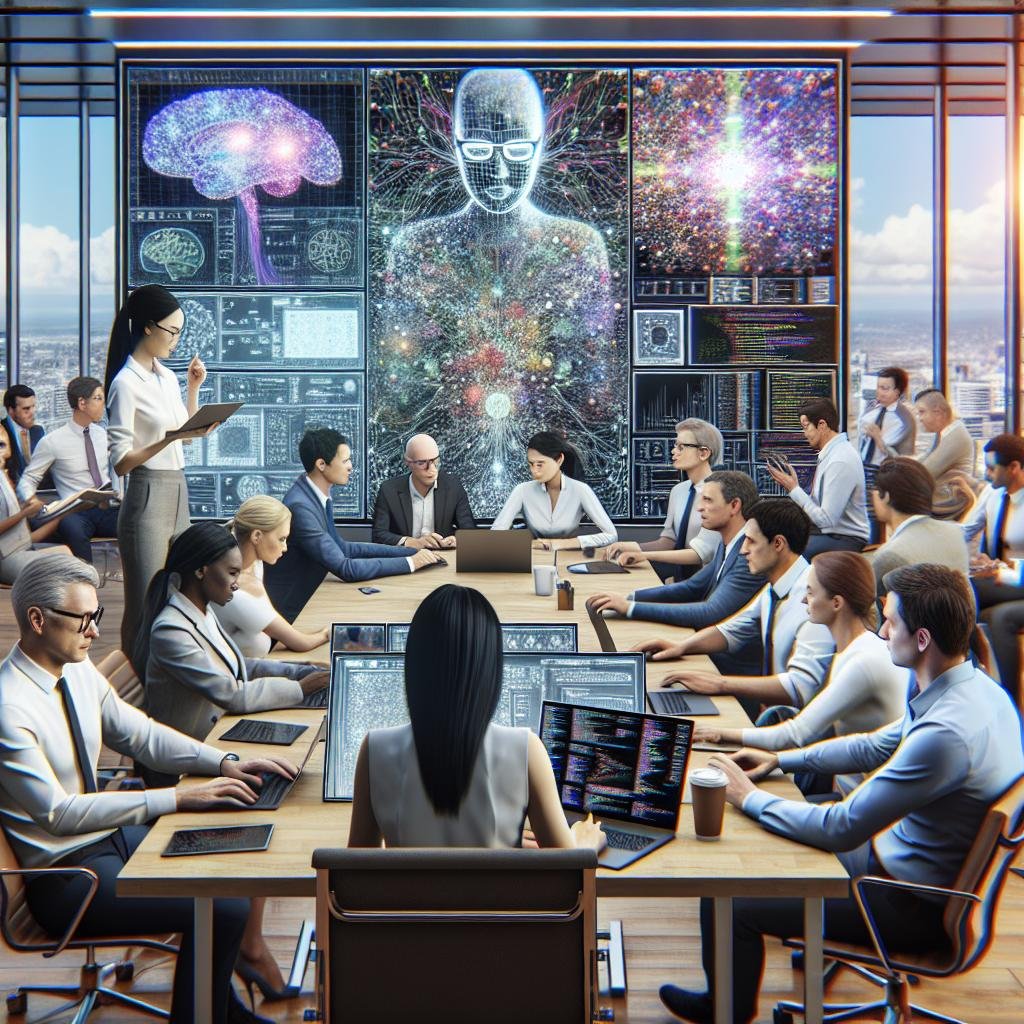 Junge Frau mit Brille, die komplexe Datenvisualisierungen auf einem Laptop untersucht, im Hintergrund Whiteboard mit neuronalen Netzwerk-Diagrammen und ein Team, das um einen Tisch bei der Entwicklung von Open-Source-KI-Modelle zusammenarbeitet.