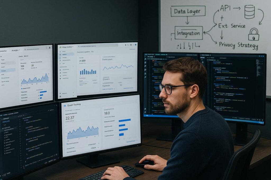 Moderner Arbeitsplatz mit mehreren Monitoren, Datenvisualisierungen und einem Analytiker, der an einem Bildschirm arbeitet, im Hintergrund Whiteboard mit Skizzen zu Datenlayern und API-Integrationen