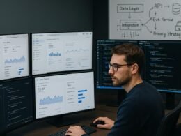 Moderner Arbeitsplatz mit mehreren Monitoren, Datenvisualisierungen und einem Analytiker, der an einem Bildschirm arbeitet, im Hintergrund Whiteboard mit Skizzen zu Datenlayern und API-Integrationen