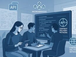 Entwickler arbeiten an großen Bildschirm mit Code, API-Icons und Diagrammen in einer modernen, technologieorientierten Umgebung.