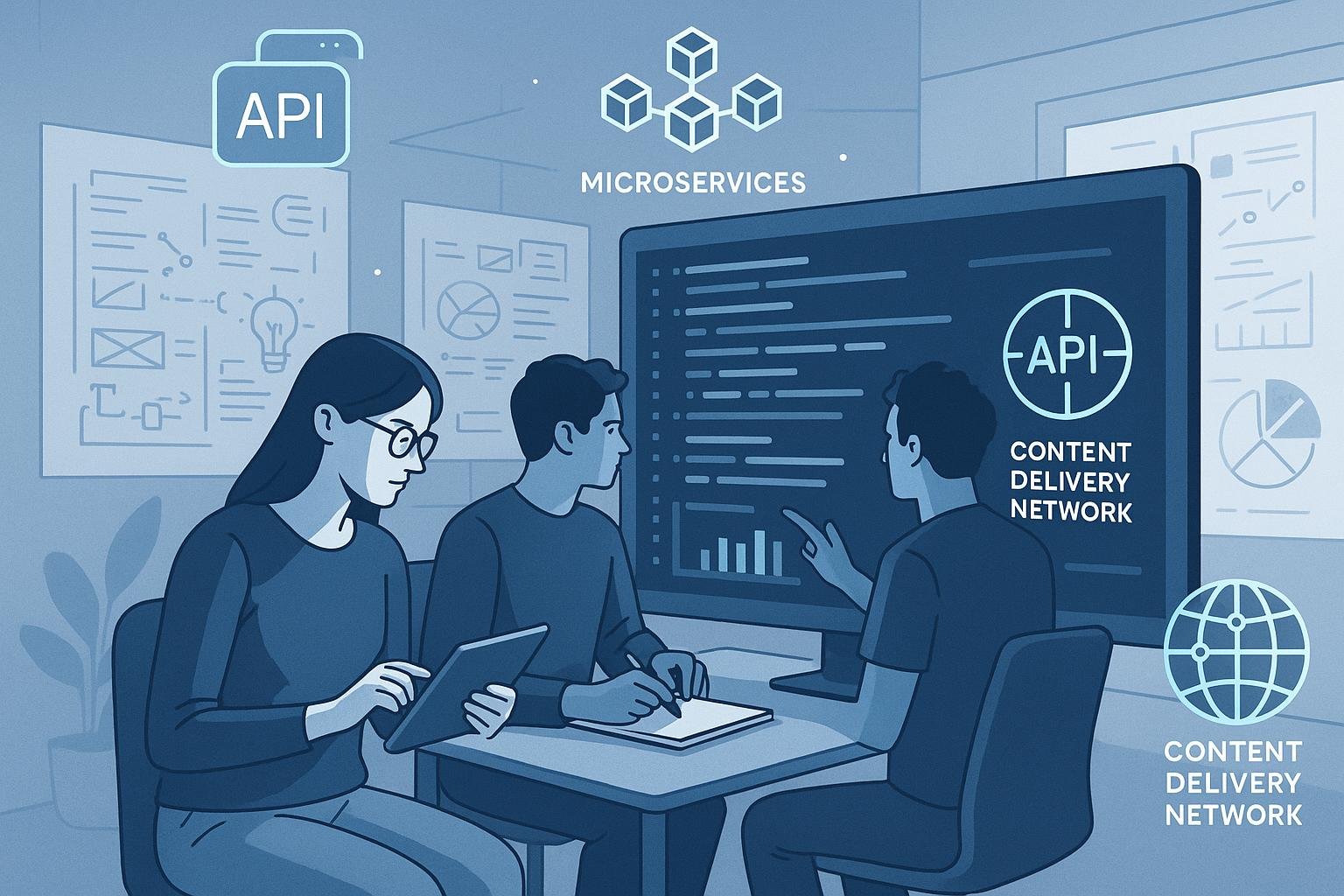 Entwickler arbeiten an großen Bildschirm mit Code, API-Icons und Diagrammen in einer modernen, technologieorientierten Umgebung.