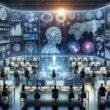 Hochtechnologische Marketing-Kommandocenter mit Teams, holographischen Diagrammen und futuristischen Elementen