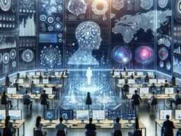 Hochtechnologische Marketing-Kommandocenter mit Teams, holographischen Diagrammen und futuristischen Elementen