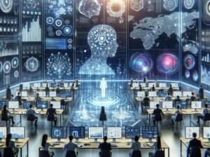 Hochtechnologische Marketing-Kommandocenter mit Teams, holographischen Diagrammen und futuristischen Elementen